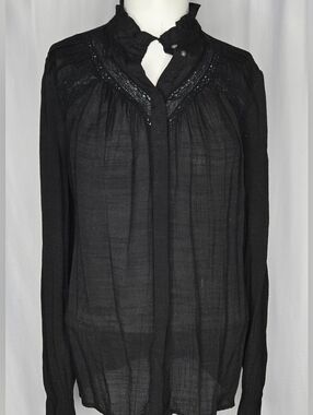 GAP Black Lace Inset Ruffle Collar Boho Blouse Size M
